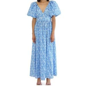 De Loreta Rococo Lavanda Print Blue Puff Sleeve Floral Midi Dress Size XS NWT